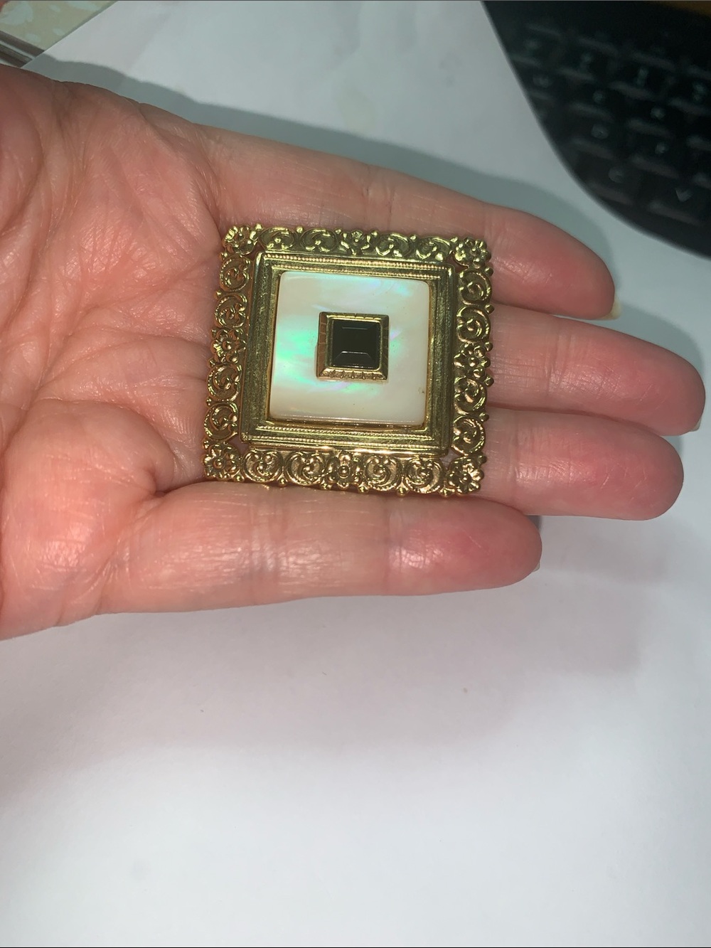 Gold Tone Square Filigree Brooch with Mother-of-Pearl Inlay